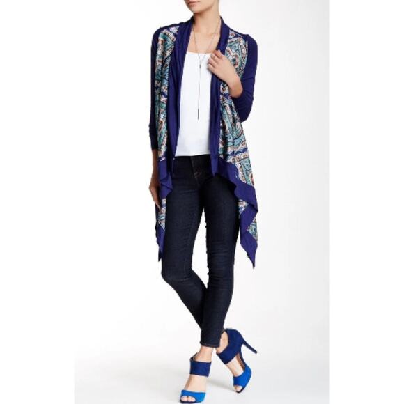 Vertigo Satin High Low Paisley Royal Blue Orange Long Sleeve Drape Cardigan S - Picture 15 of 15